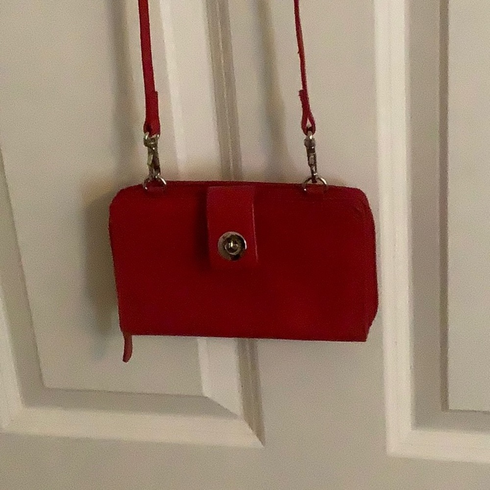 Red wallet with shoulder strap